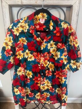 Scorpio Hawaiian Shirt XL Vintage USA Red Yellow Floral Aloha Camp Collar